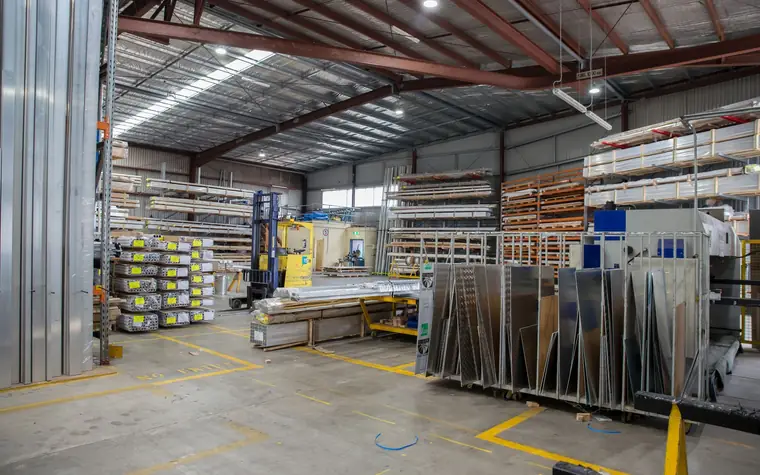 Warehouse interior with racking and cargo